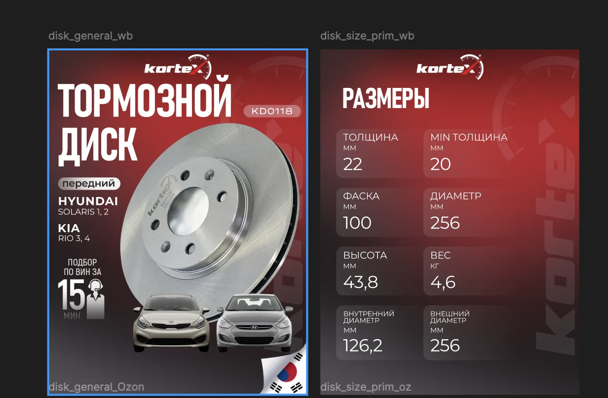 Две карточки тормозного диска Kortex, автоматически собранные для маркетплейса