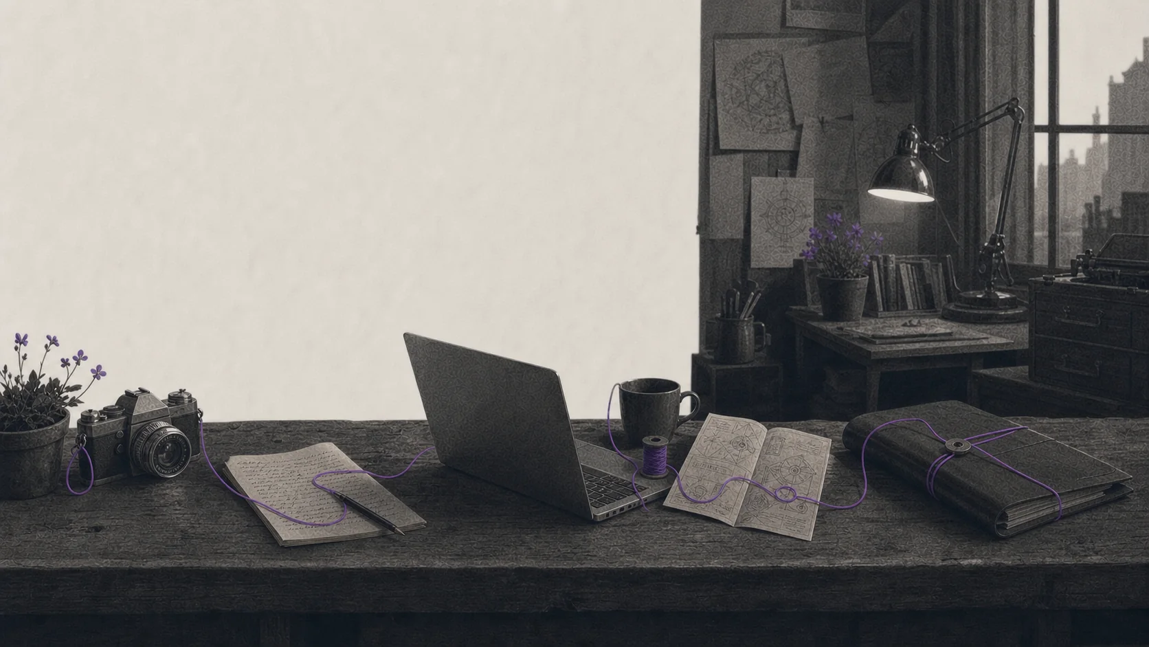 Камера, заметка, рабочий ноутбук, инструкция и готовая папка связаны нитью